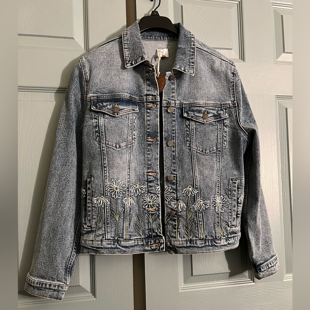 Driftwood Denim Jacket with Floral Embroidery.